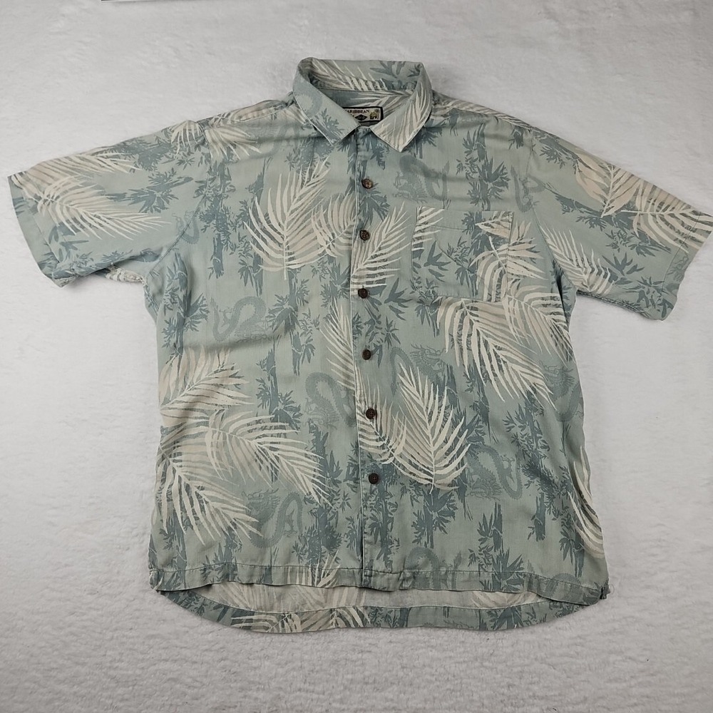 Caribbean Joe Sz‎ L Tropical Dragon Print Vacation Silk Short Sleeve Button Down